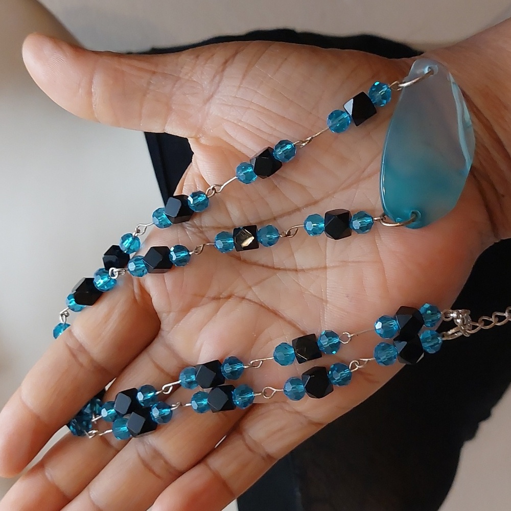 Black with Blue Swarovski Like Crystal Bead Necklace with Sea Glass Slab Pendant - Picture 6 of 6